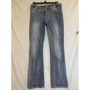 MEK Denim Jeans Womens 26x32 Blue Bootcut Distressed Embroidered Pockets‎ Buckle